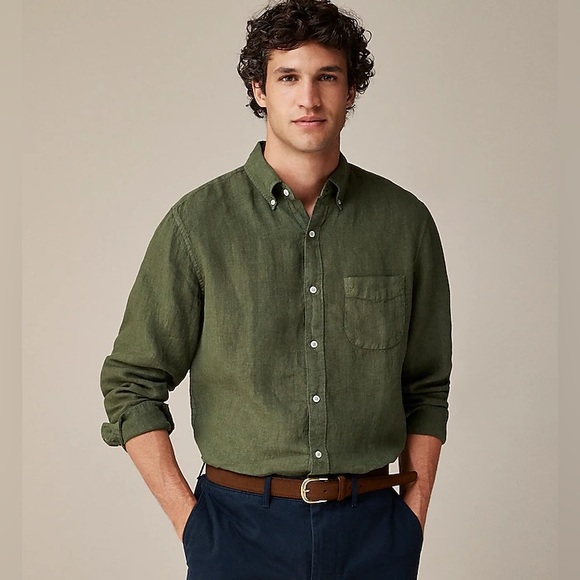 J. Crew Men’s Baird McNutt 100% Linen Shirt Button Down Olive Green Size S Slim - Picture 4 of 11